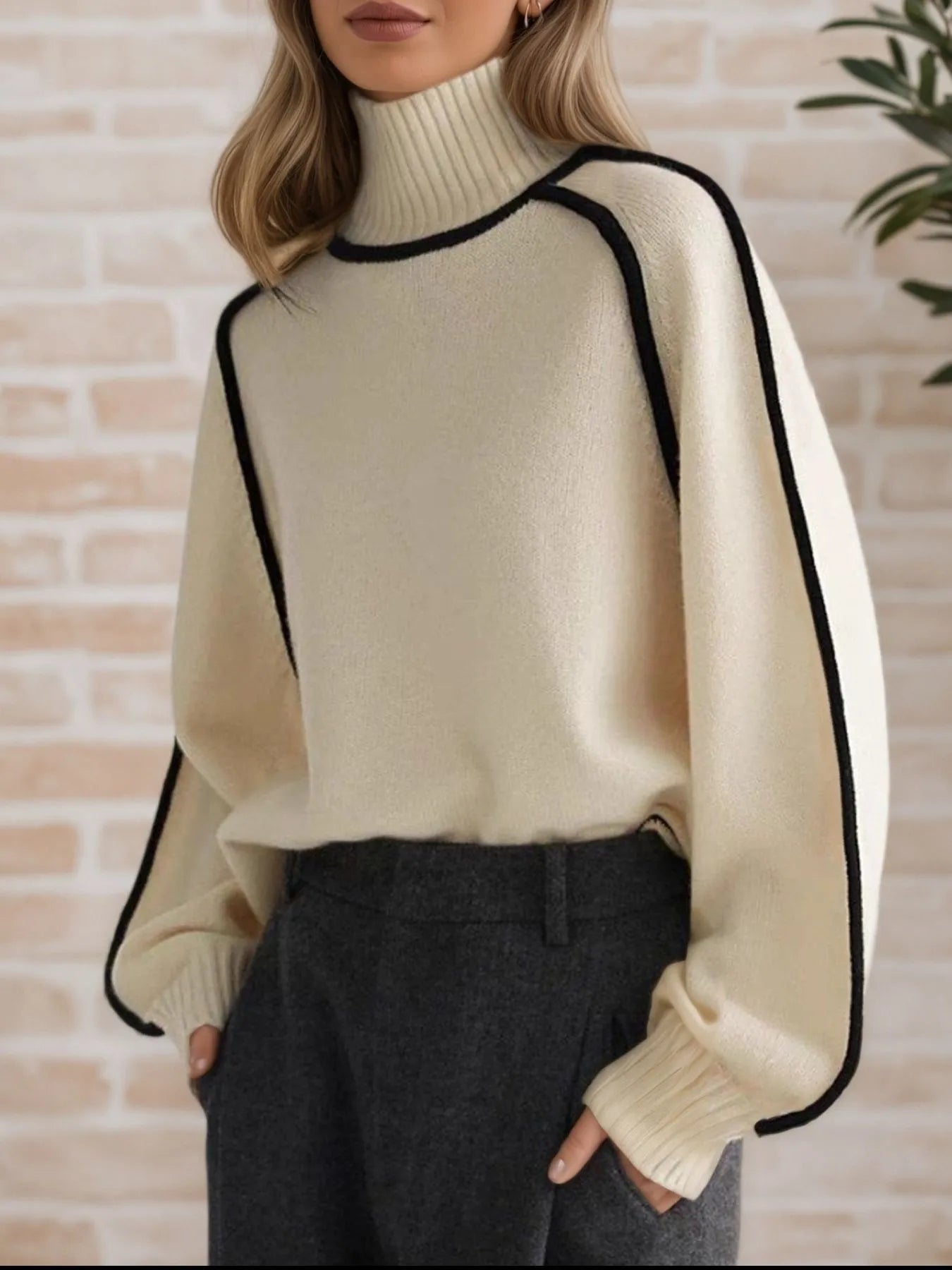 Contrast Trim Turtleneck Sweater | Sweaters Daverri Fashions