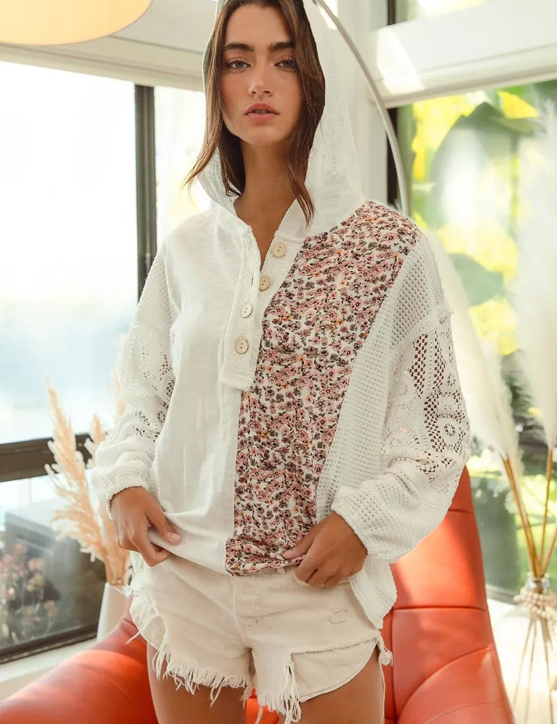 BiBi Slub Jersey with Lace Combo Buttoned Hoodie Top | Hoodies Daverri Fashions
