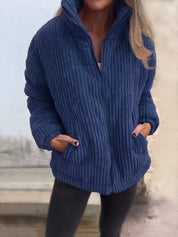 Dark Blue Full Size Zip Up Funnel Neck Long Sleeve Winter Coat Plus Size | Coats Daverri Fashions
