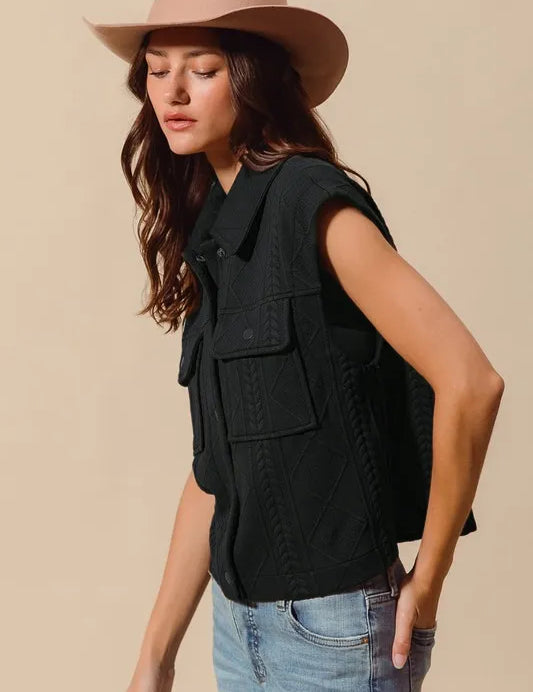 SO ME Cable Quilting Stitch Button Up Knit Vest | Vests Daverri Fashions