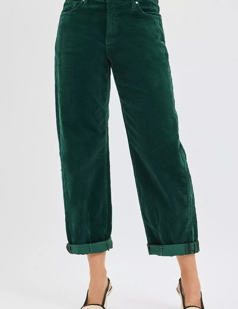 HUNTER GREEN RISEN High Rise Crop Barrel Cordurory Pants | Pants Daverri Fashions