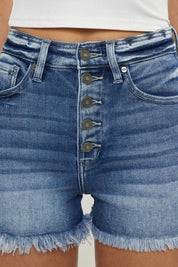 Kancan Button Fly High Rise Raw Hem Denim Shorts | Daverri Fashions