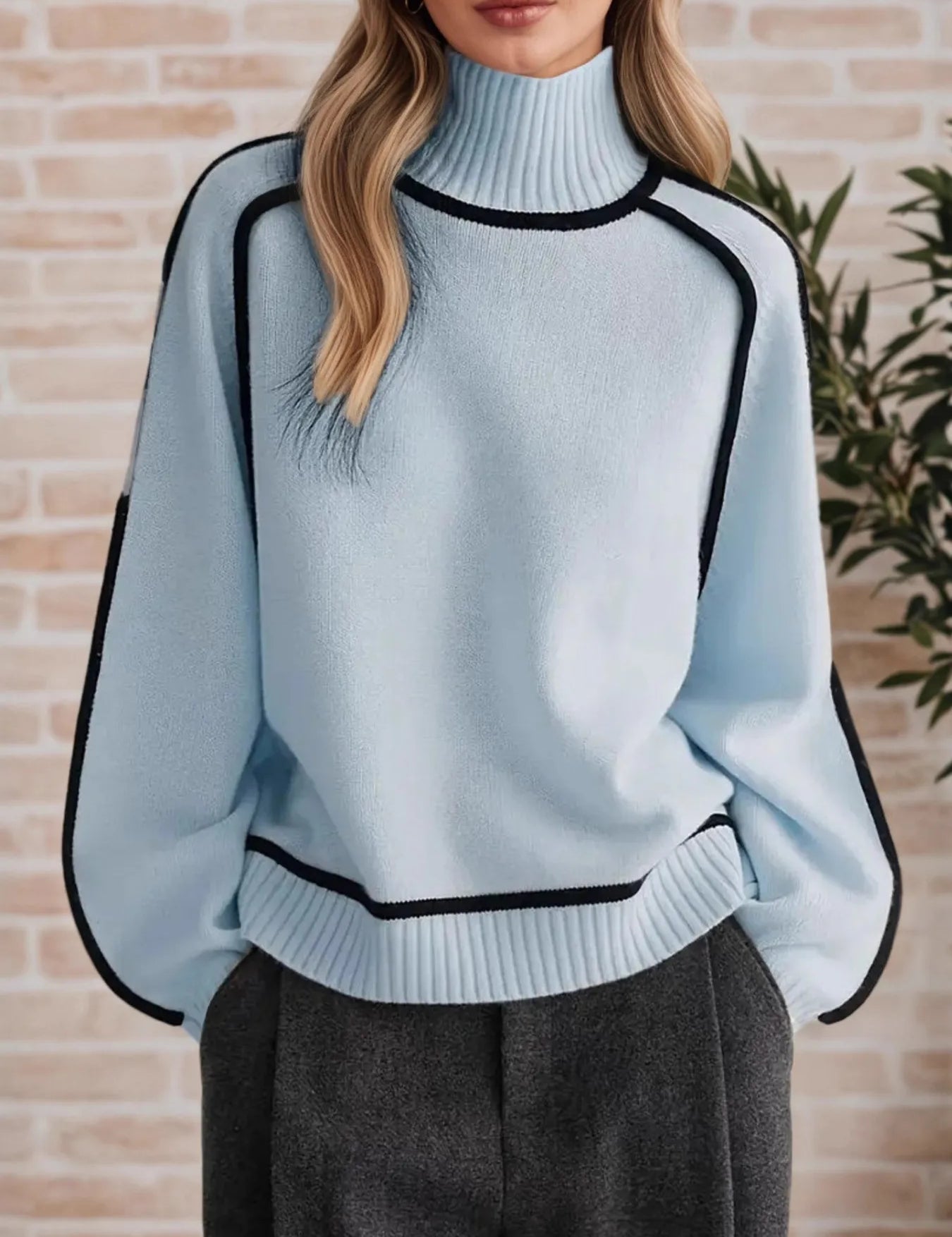 Light Blue Contrast Trim Turtleneck Sweater | Sweaters Daverri Fashions