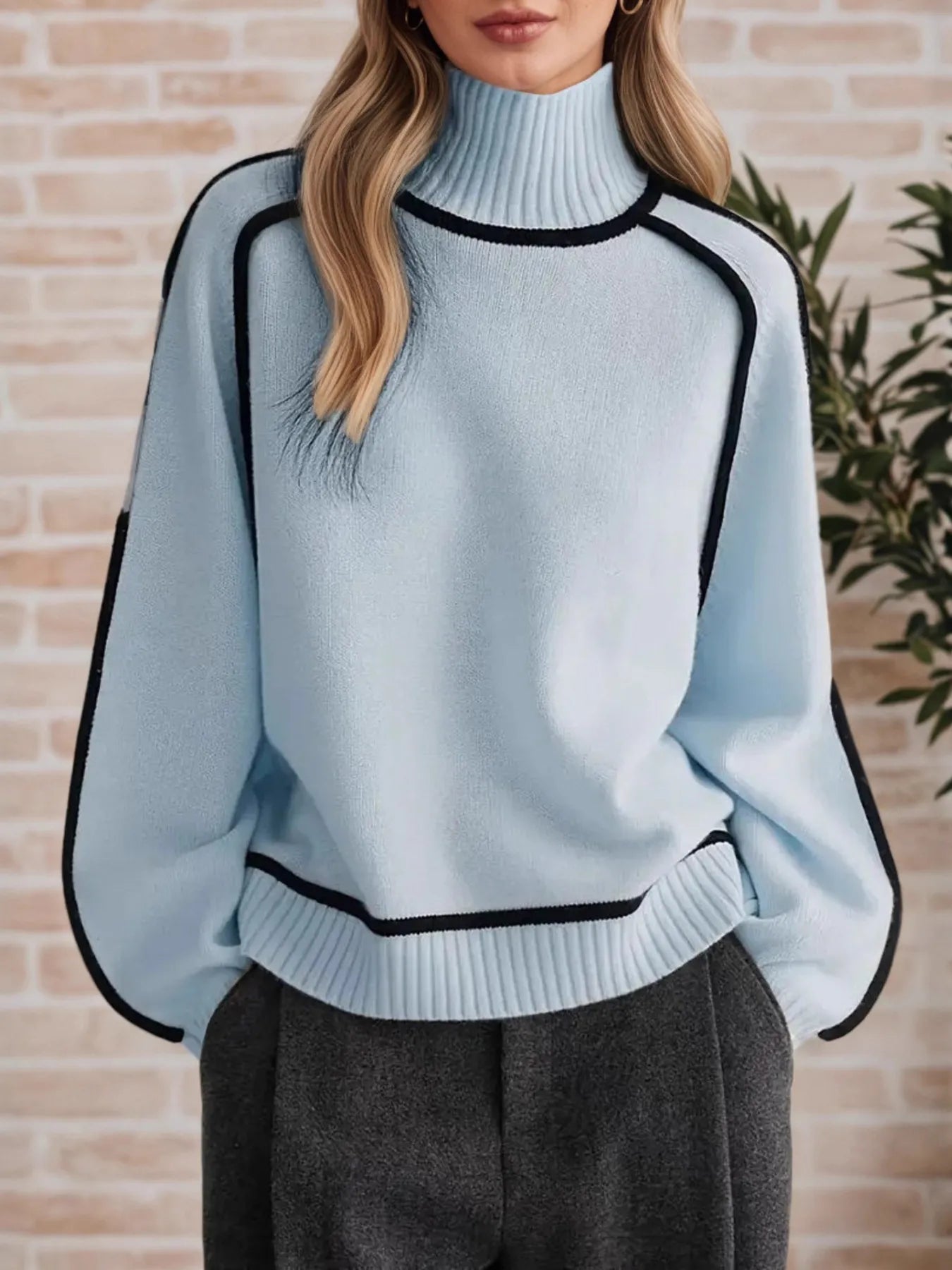 Light Blue Contrast Trim Turtleneck Sweater | Sweaters Daverri Fashions