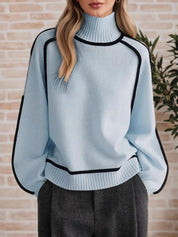Light Blue Contrast Trim Turtleneck Sweater | Sweaters Daverri Fashions