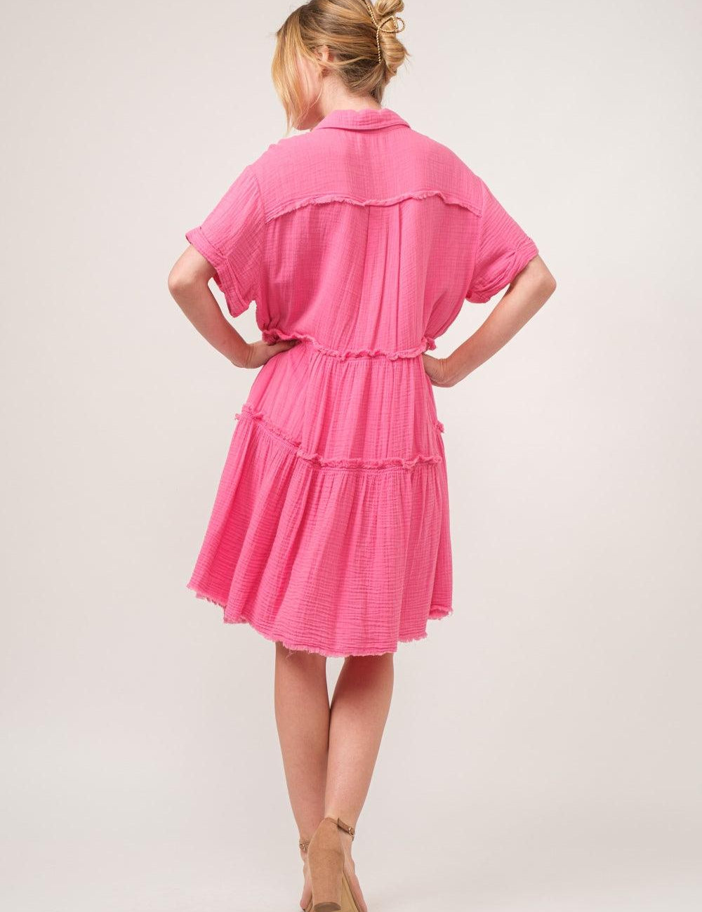 And The Why Full Size Raw Edge Washed Tiered Shirt Dress | Daverri Fashions