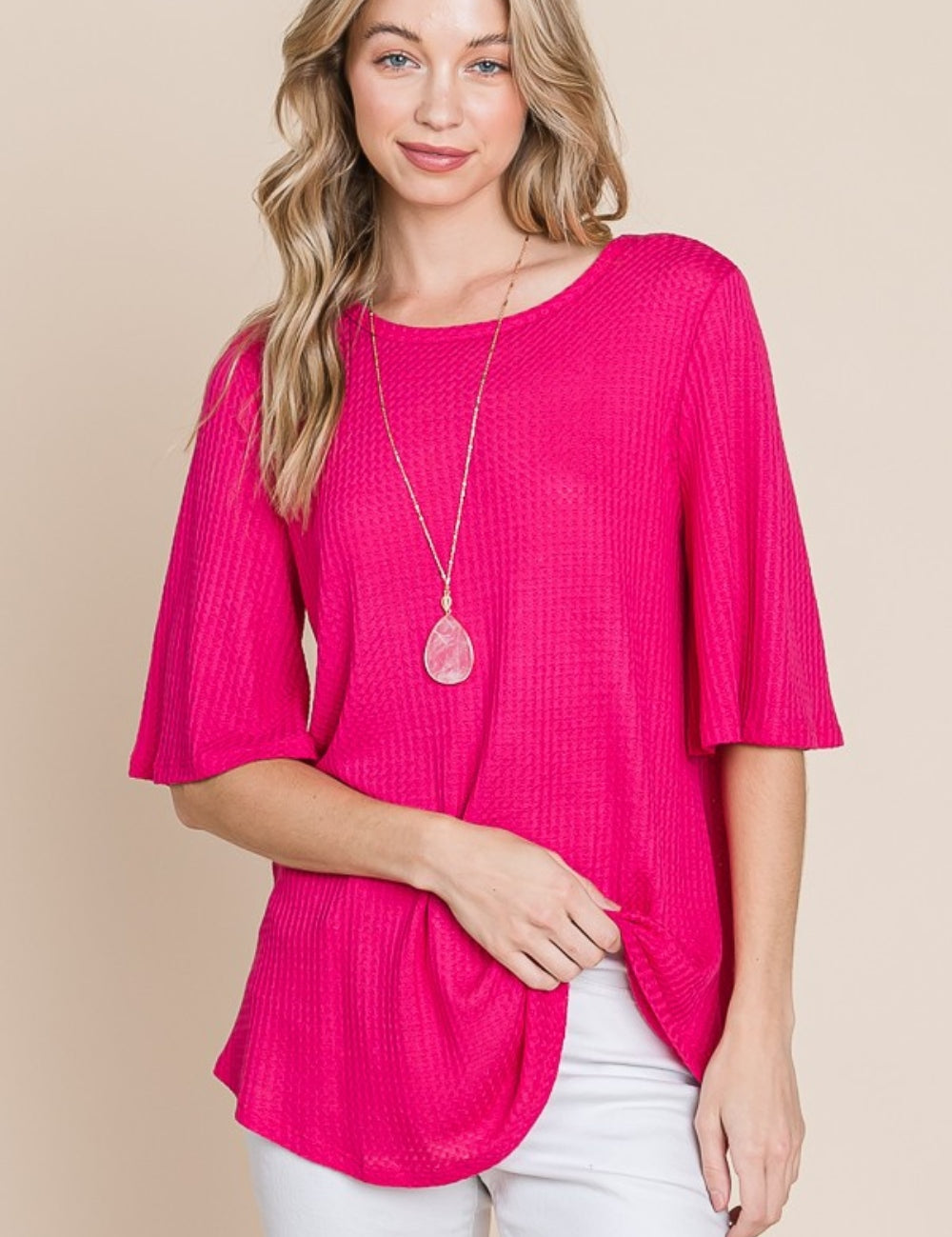 Fuchsia BOMBOM Round Neck Waffle Knit T-Shirt | T-Shirts Daverri Fashions