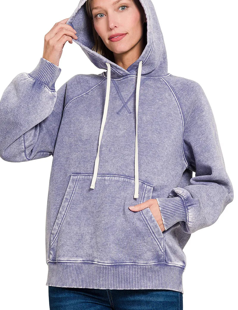 Zenana Acid Wash Fleece Hoodie with Kangaroo Pocket Marlin | Hoodies Daverri Fashions