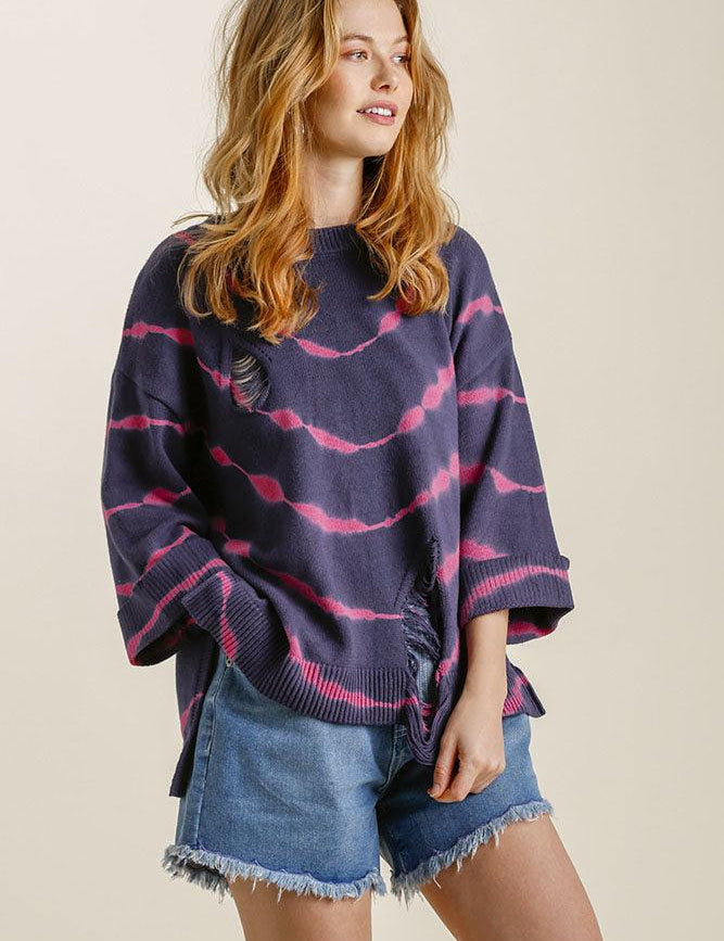 NAVY FUCHSIA Umgee Tie Dye Side Slit Round Neck Distressed Detail Sweater | Sweaters Daverri Fashions