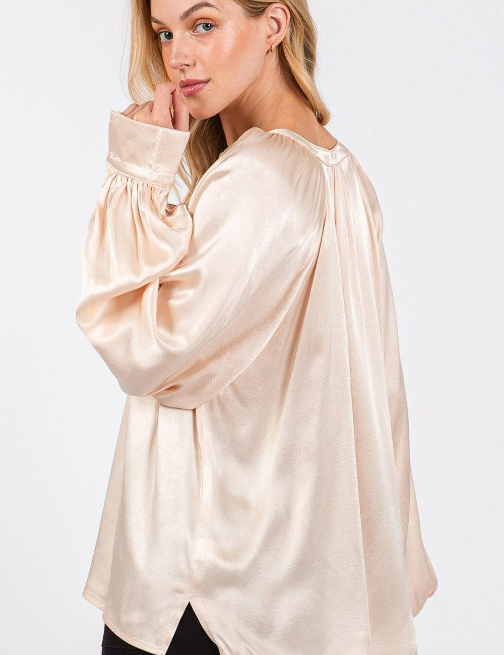 SAGE + FIG Notched Long Sleeve Blouse | Blouses Daverri Fashions