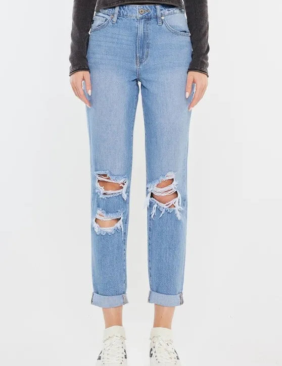 LIGHT Kancan High Rise Distressed Mom Jeans | Jeans Daverri Fashions