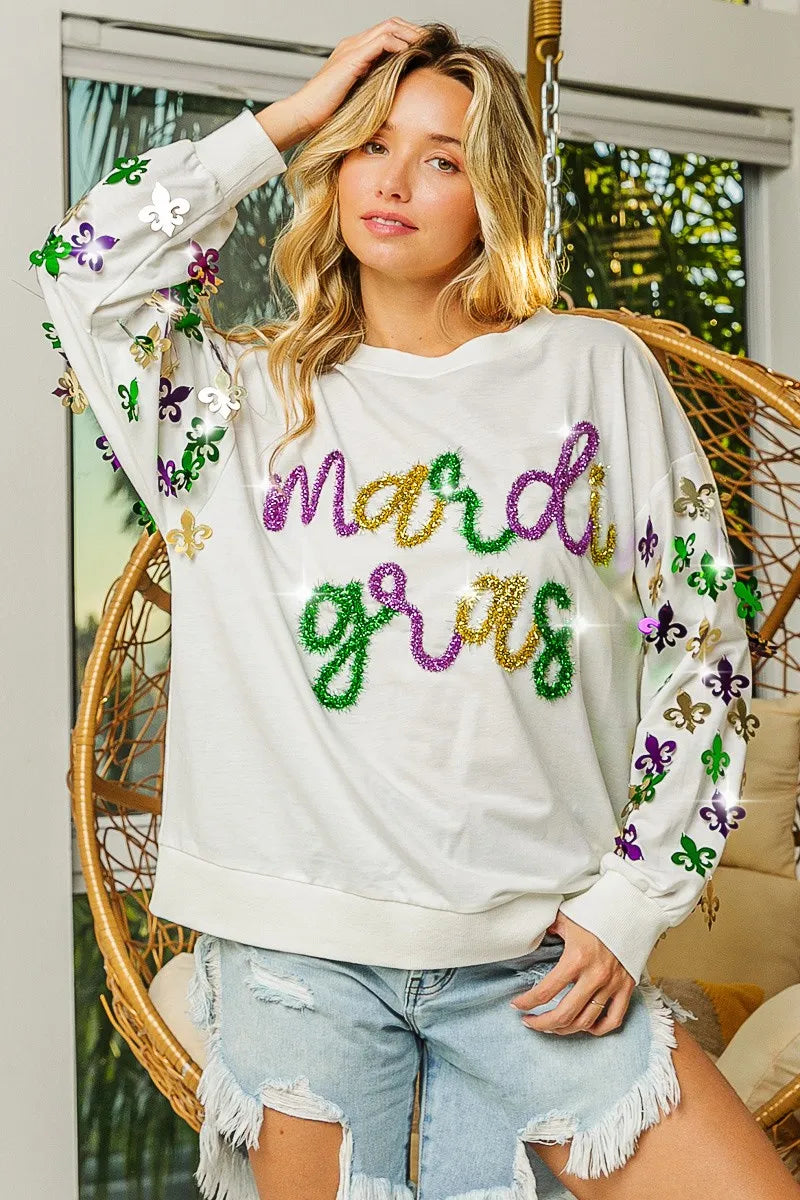 BiBi Fleur De Lis Sleeve Mardi Gras Pullover | Daverri Fashions