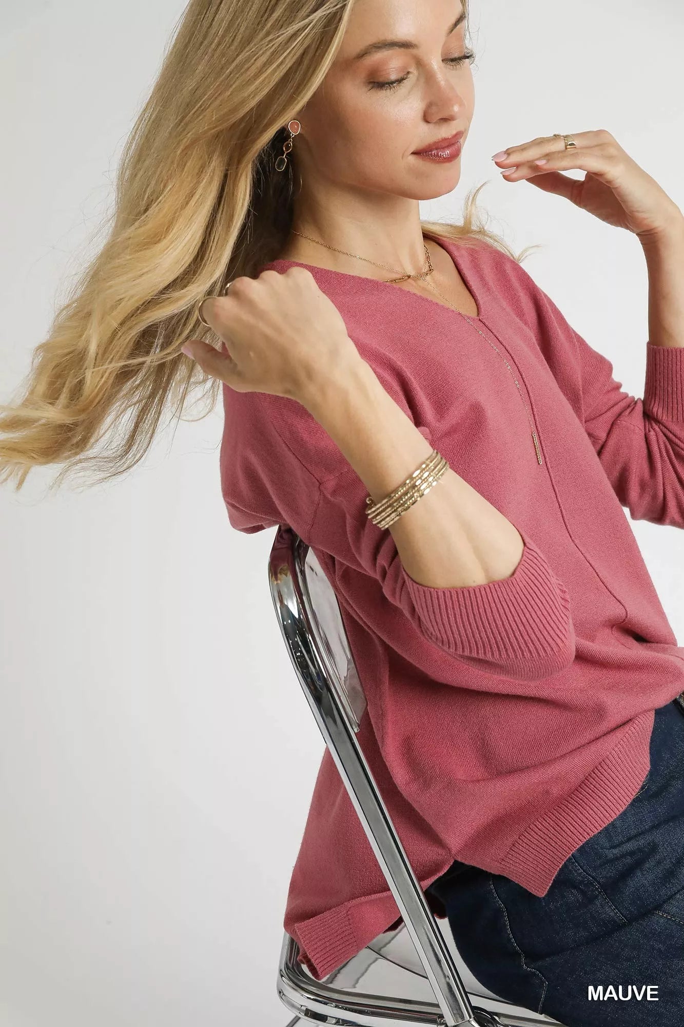 Umgee V-Neck High Low Hem Knit Top with Side Slit | Knit Tops Daverri Fashions