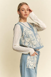 Davi & Dani Lace Patch Open Front Denim Vest | Denim Vests Daverri Fashions