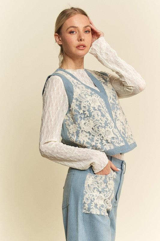 Davi & Dani Lace Patch Open Front Denim Vest | Denim Vests Daverri Fashions