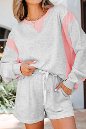 Light Grey Color Block Raw Hem Pullover and Casual Shorts Set | Outfit Sets Daverri Fashions
