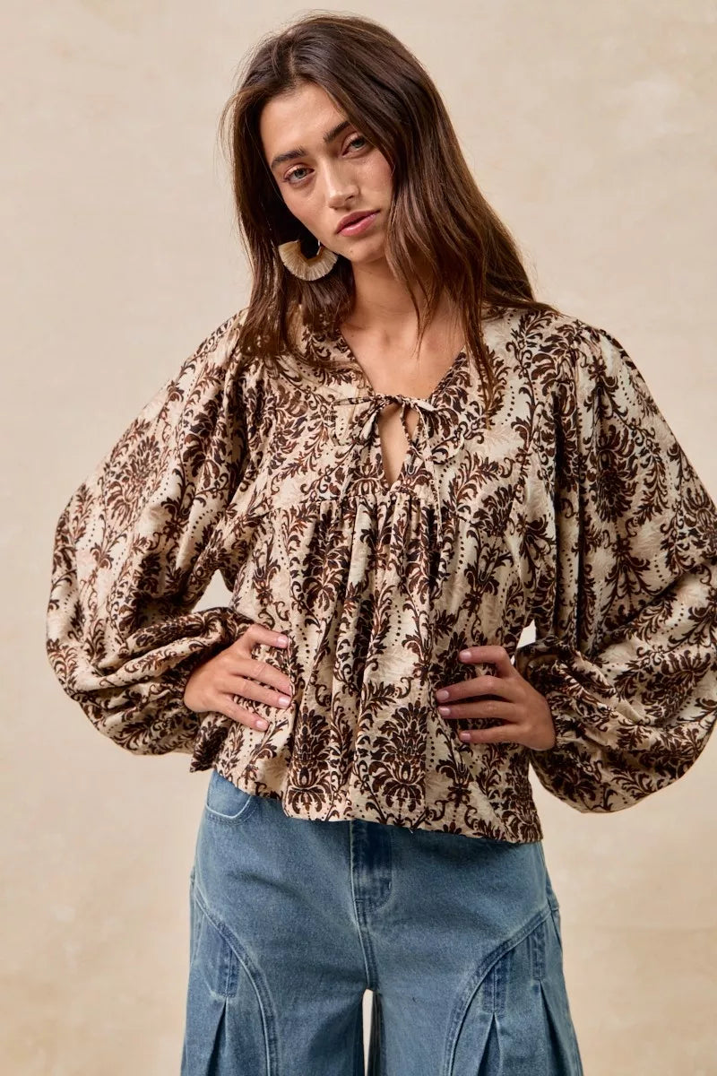 BiBi Printed Woven Front Tied Blouse with Baloon Sleeve | Blouses Daverri Fashions