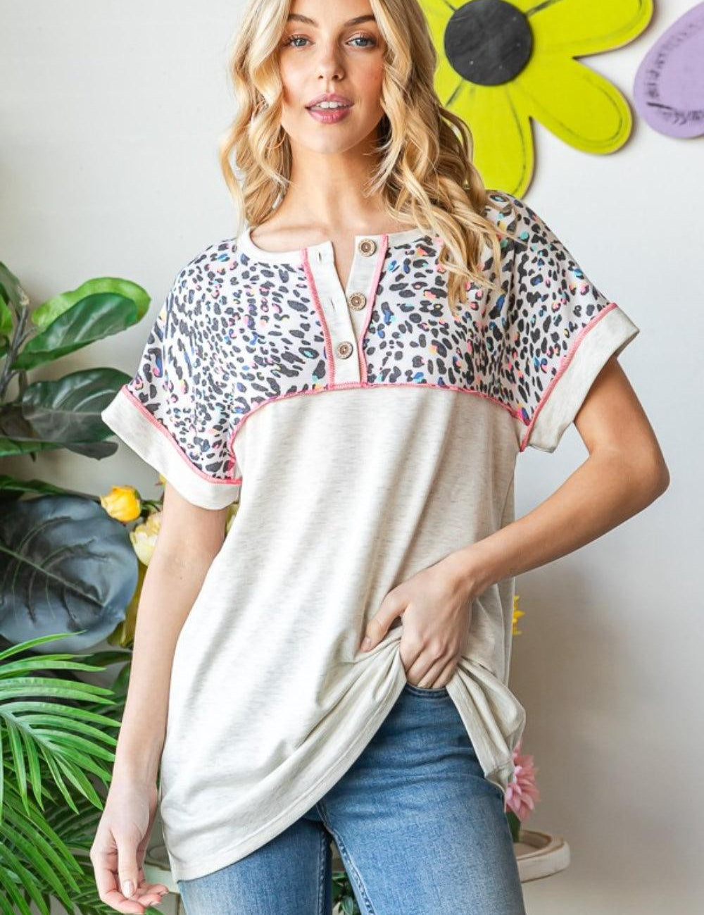 Oatmeal Heimish Full Size Exposed Seam Leopard Short Sleeve T-Shirt | Daverri Fashions