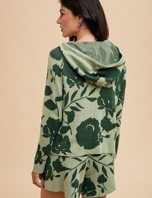 Annie Wear Flower Pattern Drawstring Hooded Top and Shorts Sweater Set | Outfit Sets Daverri Fashions