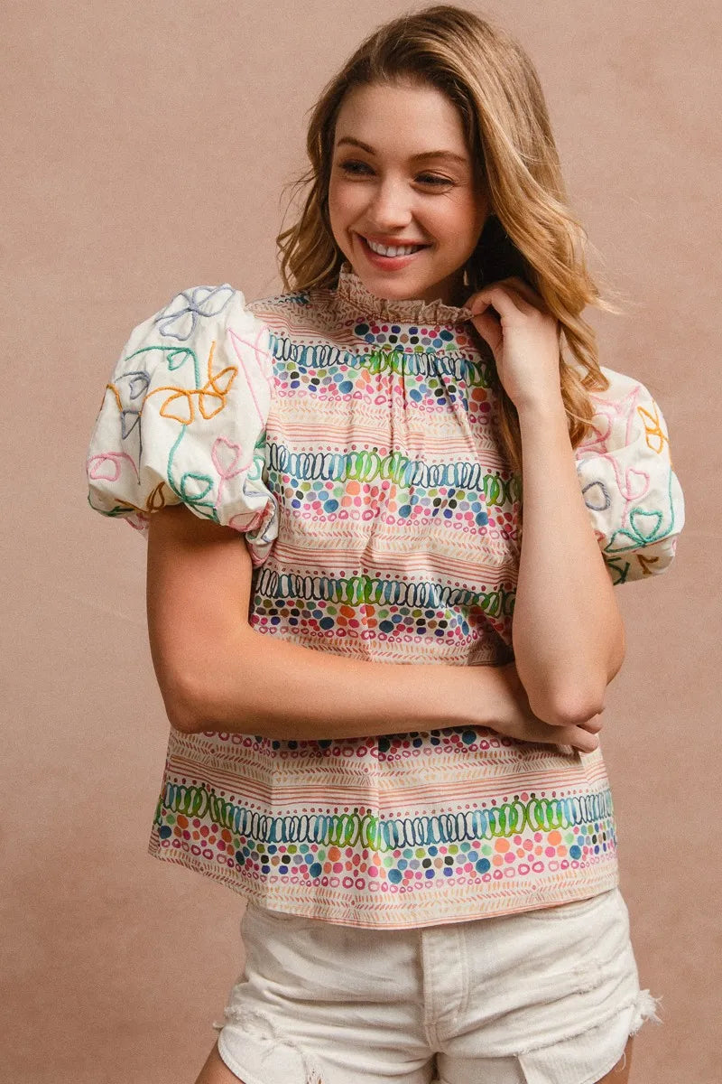 BiBi Ruffle Neckline Blouse With Embroidery Bubble Sleeve | Daverri Fashions