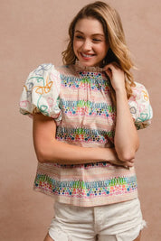BiBi Ruffle Neckline Blouse With Embroidery Bubble Sleeve | Daverri Fashions