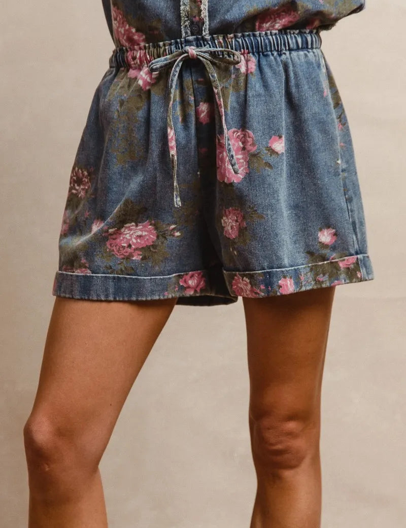 DENIM BiBi Floral Printed Denim Short Pants With Pocket | Denim Shorts Daverri Fashions