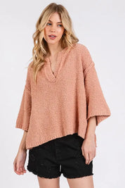 Mittoshop Side Slit Notched Drop Shoulder Sweater | Sweaters Daverri Fashions