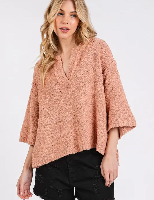 Mittoshop Side Slit Notched Drop Shoulder Sweater | Sweaters Daverri Fashions