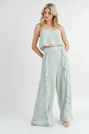 Lt Mint MABLE Crop Cami and Ruffled Wide Leg Pants Set | Outfit Sets Daverri Fashions