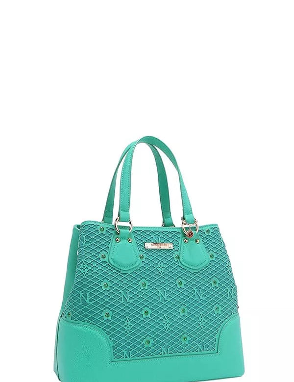Monogram Pattern Handbag with Rhinestones Decor | Handbags Daverri Fashions