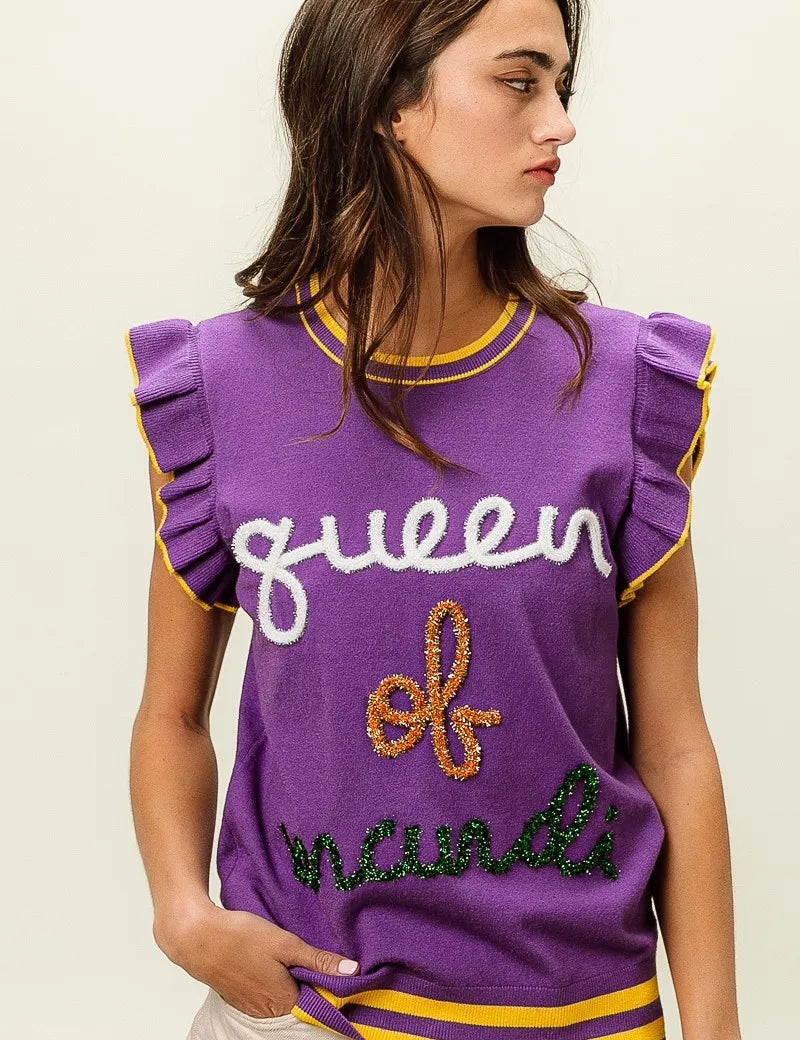 BiBi Queen Of Mardi Ruffled Armhole Sleeveless Knit Top | Knit Tops Daverri Fashions