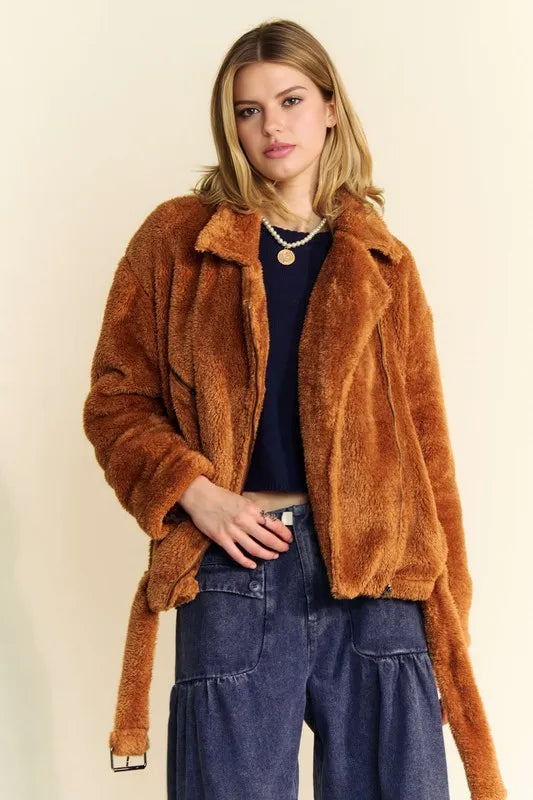 Davi & Dani Fuzzy Zip Up Collared Neck Jacket | Daverri Fashions