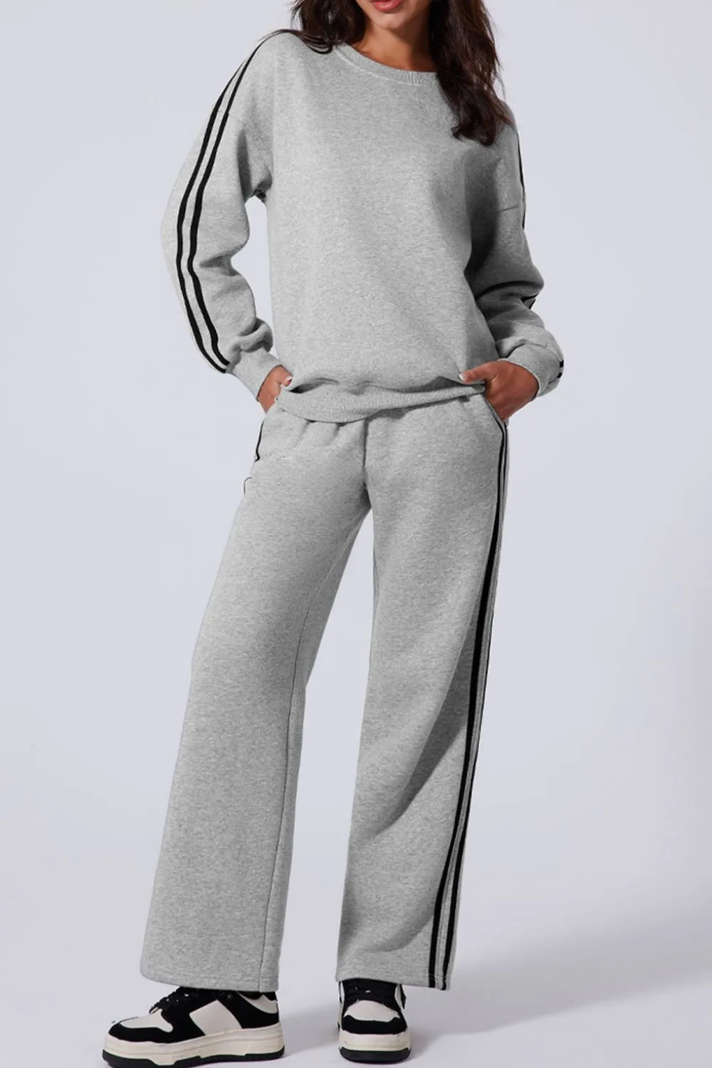 Light Gray Side Striped Round Neck Top and Pants Active Set | Loungewear Sets Daverri Fashions