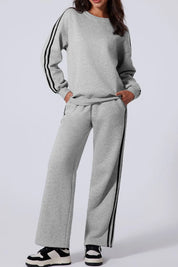 Light Gray Side Striped Round Neck Top and Pants Active Set | Loungewear Sets Daverri Fashions