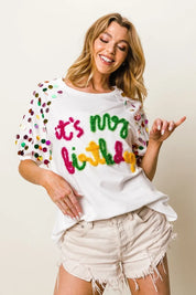BiBi Metallic Letter Spangle Raglan Puff Sleeve Top | Tops Daverri Fashions