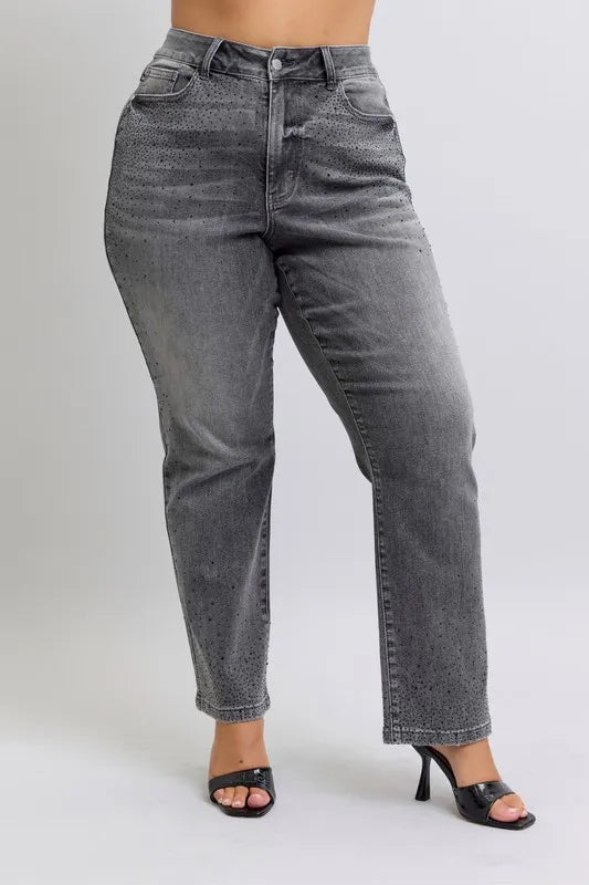 Judy Blue Full Size High Waist Rhinestone Straight Jeans Plus Size | Daverri Fashions