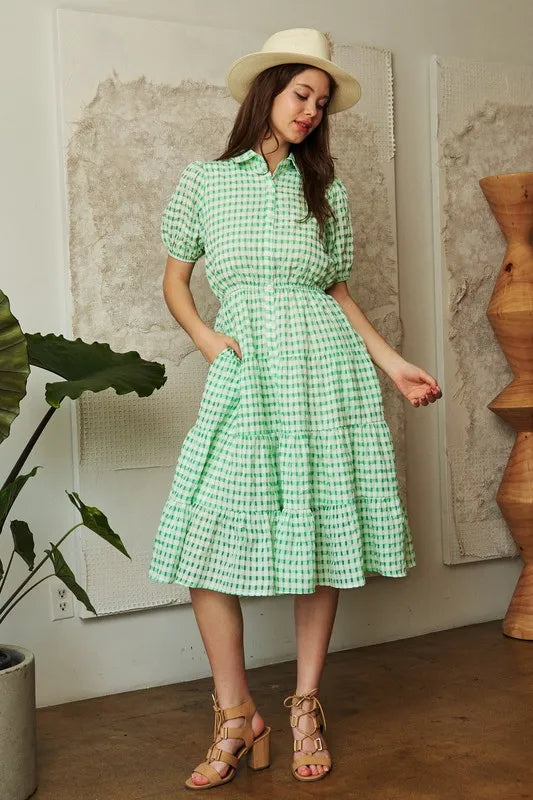 Davi & Dani Checkered Puff Sleeve Tiered Shirt Dress | Knee Length Dresses Daverri Fashions