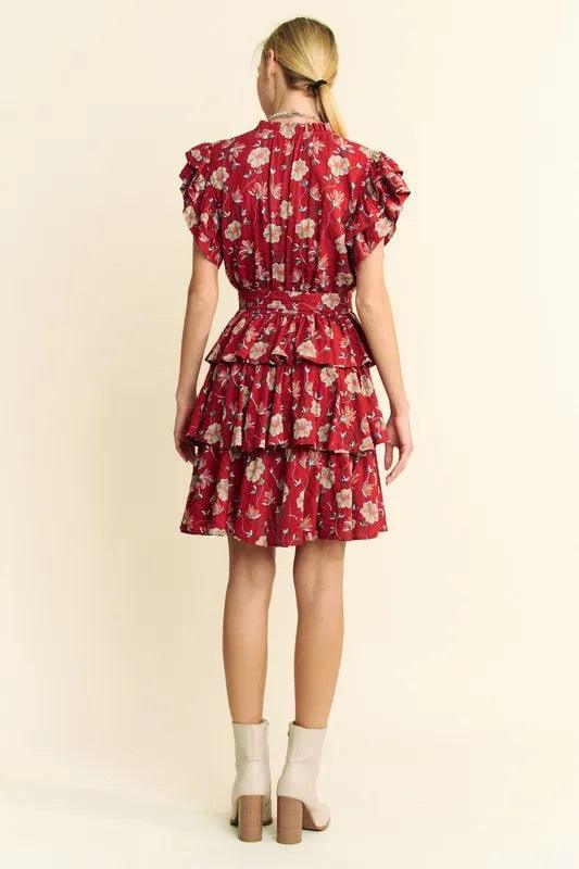 Davi & Dani Ruffle Flutter Sleeve Tie Belt Tiered Mini Dress | Mini Dresses Daverri Fashions