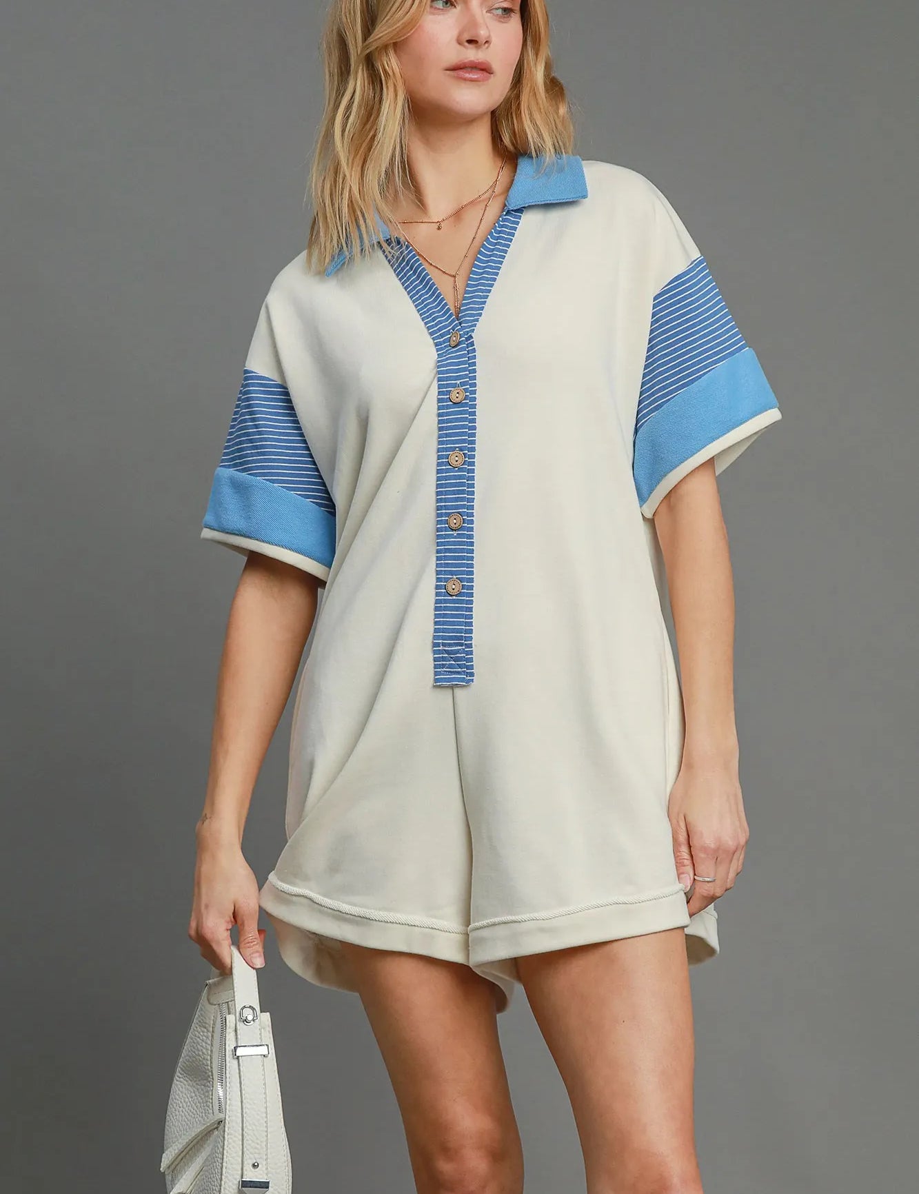 OFF WHITE Umgee French Terry Collared Colorblock Romper | Rompers Daverri Fashions
