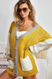 MUSTARD IVORY BiBi Color Block Sweater Cardigan with Button Closure | Sweaters Daverri Fashions