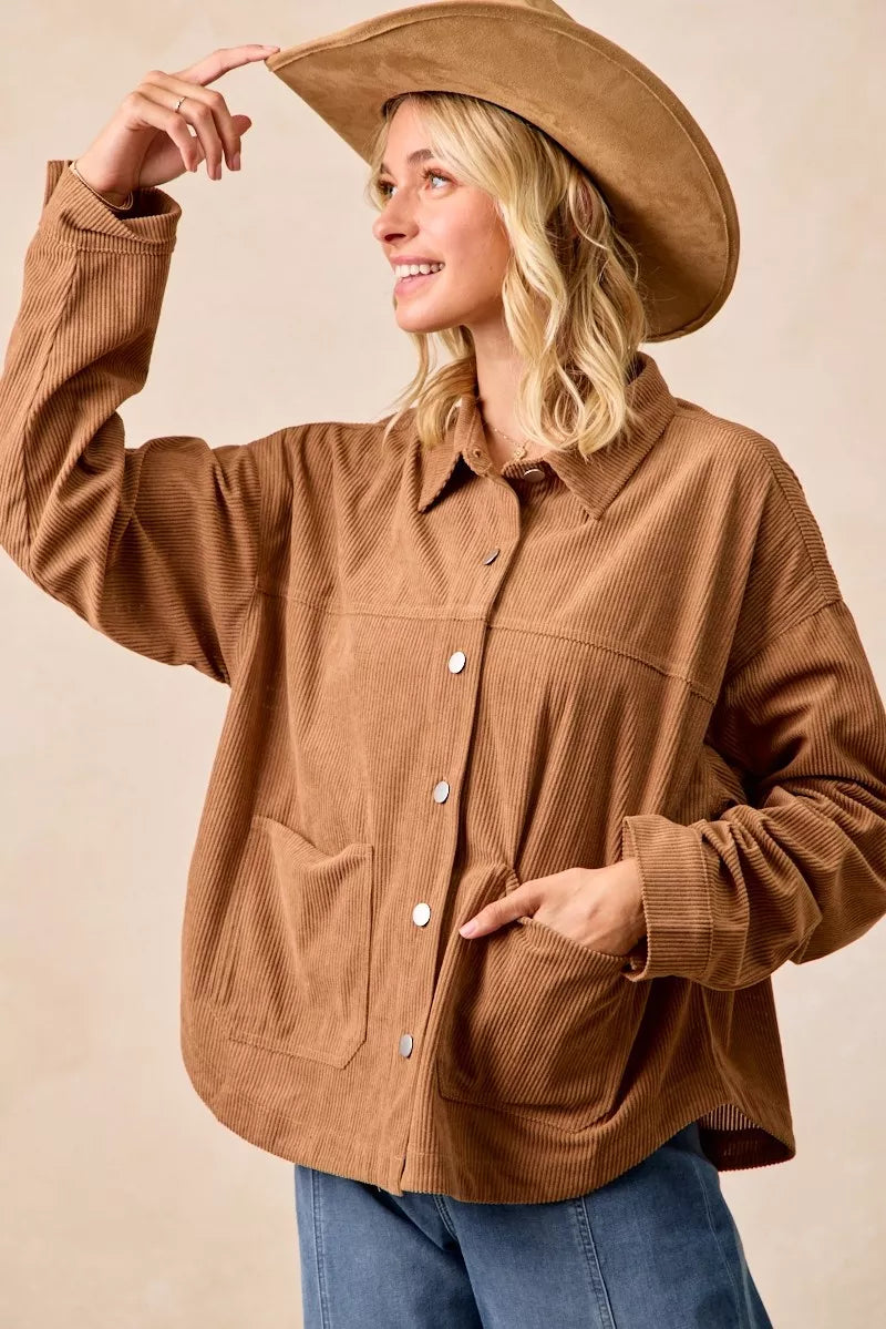 BiBi Corduroy Relaxed Fit Shacket with Back Pleat | Shackets Daverri Fashions