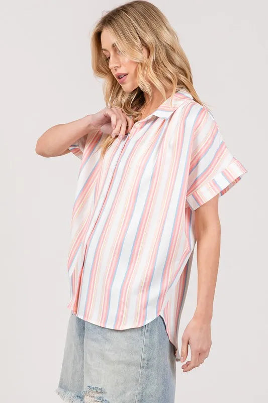 SAGE+FIG Multi Stripe Button Down Short Sleeve Shirt | Daverri Fashions