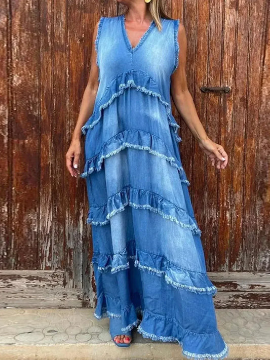 Raw Hem Layered Denim Maxi Dress - DAVERRI FASHIONS