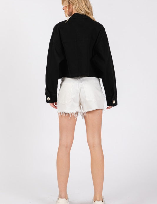 bytos Button Down Cropped Denim Jacket with Patch Pockets | Denim Jackets Daverri Fashions