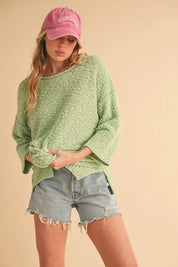 Aemi + Co Side Slit Ribbed Hem Round Neck Sweater | Daverri Fashions
