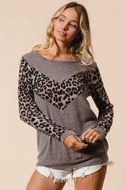 MOCHA S BiBi Sweater Knit Top With Leopard V Shape Block | Sweaters Daverri Fashions