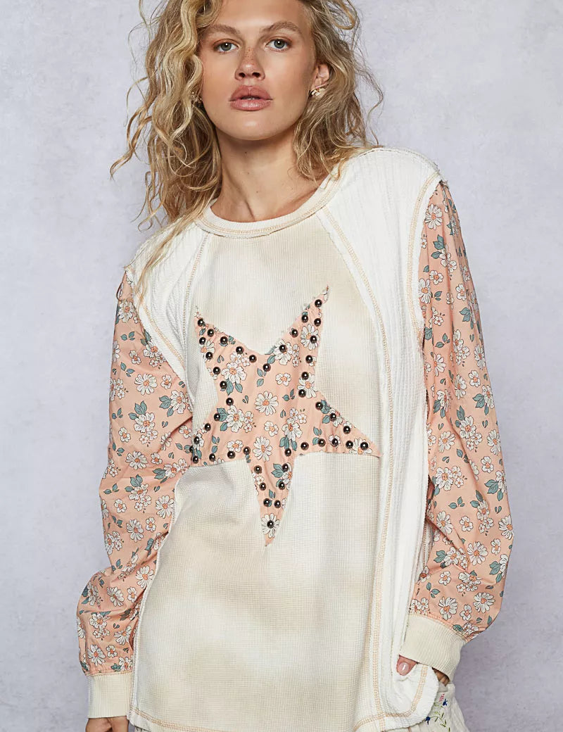 POL Exposed Seam Star Patch Thermal Top with Floral Sleeves | Tops Daverri Fashions