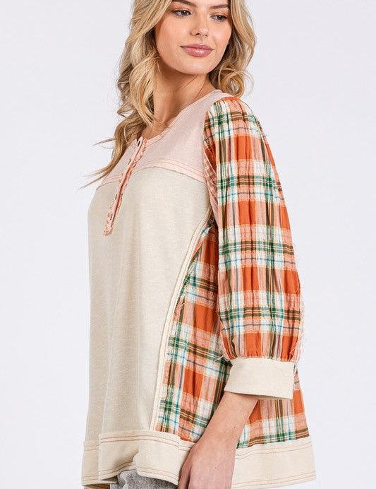 SAGE + FIG Exposed Seam Button Detail Plaid Top | Tops Daverri Fashions