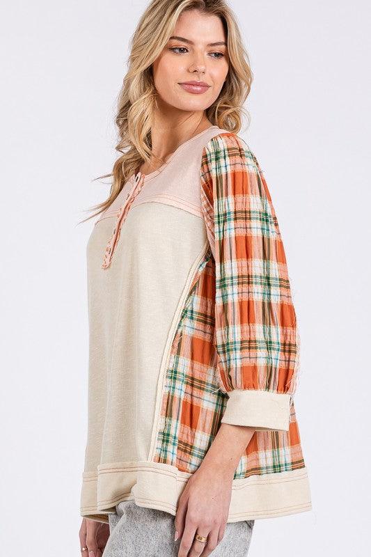 SAGE + FIG Exposed Seam Button Detail Plaid Top | Tops Daverri Fashions