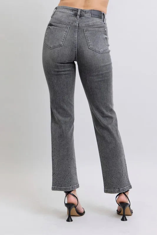 Judy Blue Full Size High Waist Rhinestone Straight Jeans Plus Size | Daverri Fashions